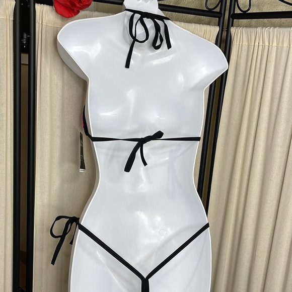 NEW! BLACK LIGHT HOT PINK & BLACK LACE DANCE THONG BIKINI SET OSFM - Picture 9 of 11